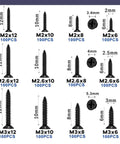 Heavy Hitter 1200 Piece Black Phillips Flat Head Self Tapping Screw Set M2 M2.6 M3 Carbon Steel with sizes and quantities shown