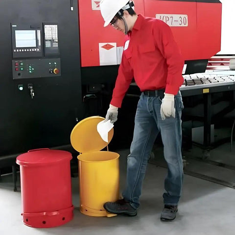 Person using Heavy Duty Galvanized Steel Oily Waste Can Built Tough As Nails For Shop Use With Hands Free Kick Lever And Rust Proof Finish For Fire Safe Rag Pickup In Garages.