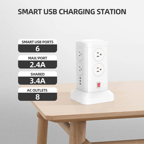 Power Strip Tower With Night Light For Home Or Office Dope Surge Protection 14 AC Outlets And 4 USB Ports Flat Plug Extension Cord