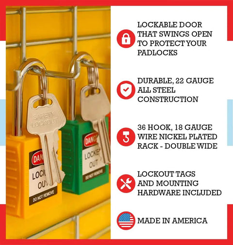 Lockout Tagout Cabinet Kit For Safe Padlock Storage And Quick Access Control Center Double Wide Yellow Meets OSHA Standards image showing padlocks and features