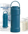 Portable Breast Milk Cooler With 360 Degree Cooling Keeps Travel Bottles Ice Cold For Up To 24 Hours Essential Gear For Nursing Moms On The Grind, blue insulated bottle with two milk bottles.