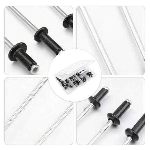 120 Pcs Aluminum Blind Rivet Kit Black Finish With Smooth Surface And Burr Free Pull Rod. Display of rivets and packaging.