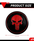Four Pack Car Wheel Center Hub Caps With Metallic Skull Badge 2.24 inch diameter red and black design for trucks and SUVs.