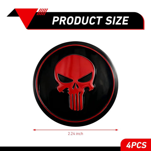 Four Pack Car Wheel Center Hub Caps With Metallic Skull Badge 2.24 inch diameter red and black design for trucks and SUVs.