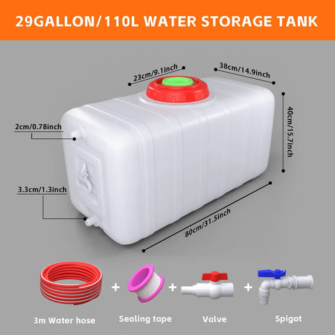 Large 29 Gallon Water Storage Tank With Spigot and 3m Hose Control Valve for Camping RV Truck Emergency Preparedness