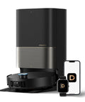 Front view of Dreame X50 Ultra robot vacuum and mop with auto-empty dock; black with brushed metal finish.