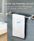 24 Inch Suction Cup Towel Bar No Drill Install for Smooth Surfaces Only Brushed Nickel Finish mounted on bathroom tiles
