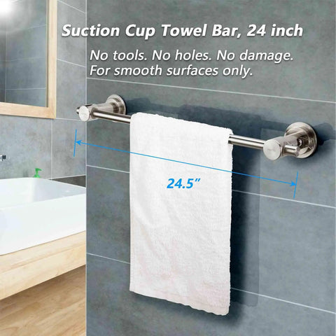 24 Inch Suction Cup Towel Bar No Drill Install for Smooth Surfaces Only Brushed Nickel Finish mounted on bathroom tiles