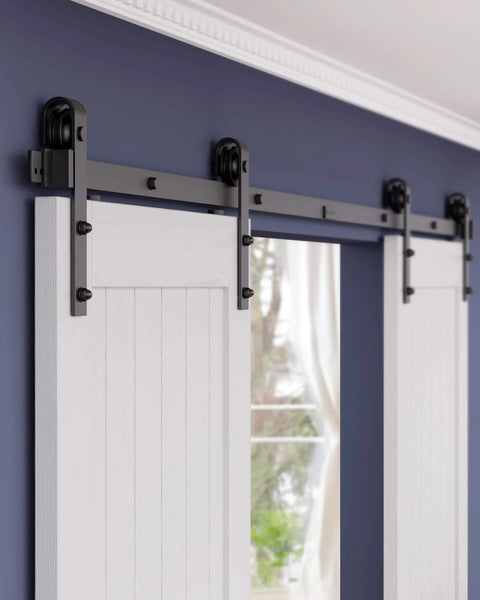 Heavy Duty 14 Ft Barn Door Hardware Kit For Double Doors, Black Sliding Track With Steel Hanger, Installed View