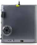 Back view of Metal And Tempered Glass Open Enclosure with drag chain and filter fan for SV08 Max 3D printer, showcasing ports and connections.