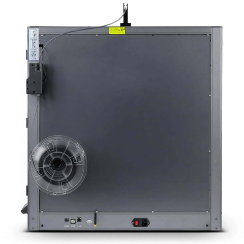 Back view of Metal And Tempered Glass Open Enclosure with drag chain and filter fan for SV08 Max 3D printer, showcasing ports and connections.