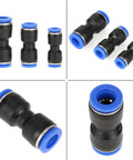 Super Easy Straight Push Connector Kit with 30 Pcs Of Durable Pneumatic Tube Fittings For Air Lines In Sizes 1 4 5 16 And 3 8 Inch Perfect For Fast Hookups On Systems Working Between 32 To 140 Degree F. black straight push-to-connect pneumatic fittings with blue ends