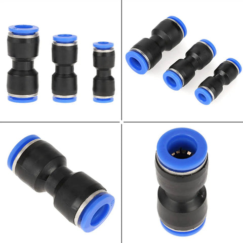 Super Easy Straight Push Connector Kit with 30 Pcs Of Durable Pneumatic Tube Fittings For Air Lines In Sizes 1 4 5 16 And 3 8 Inch Perfect For Fast Hookups On Systems Working Between 32 To 140 Degree F. black straight push-to-connect pneumatic fittings with blue ends