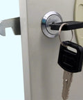 Universal Safe Cam Cylinder Lock With Keys inserted in a cabinet, showing key mechanism, 16mm tongue visible