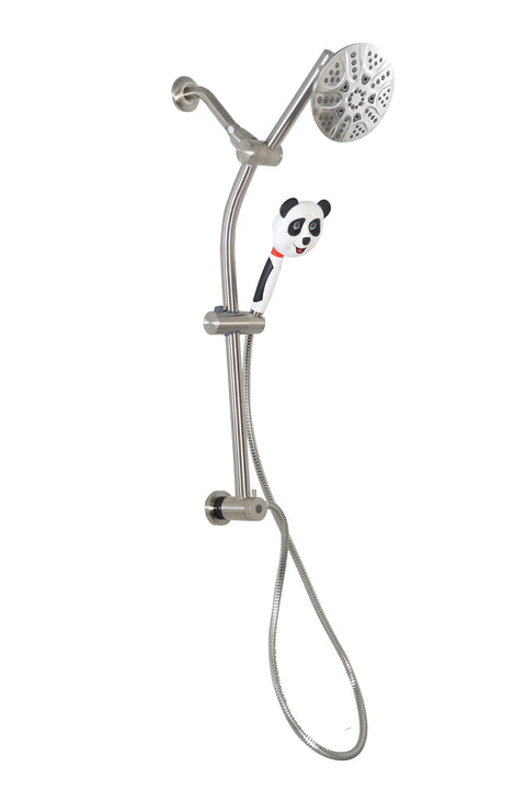 Drill-Free Adjustable Height Shower Bar Kit With 5-Function Rainfall Shower Head And Panda Handheld Sprayer, satin nickel