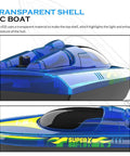 LED RC Boat With Night Light Remote Control Boat For Pools And Lakes 2.4GHz RC Speed Boat Dual Rechargeable Batteries Whole Body Waterproof Low Battery Alarm Fun Water Toy Gift For Boys And Girls with transparent shell design and blue highlights.
