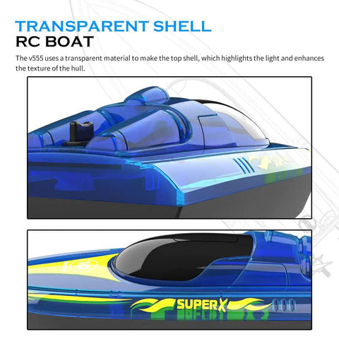 LED RC Boat With Night Light Remote Control Boat For Pools And Lakes 2.4GHz RC Speed Boat Dual Rechargeable Batteries Whole Body Waterproof Low Battery Alarm Fun Water Toy Gift For Boys And Girls with transparent shell design and blue highlights.
