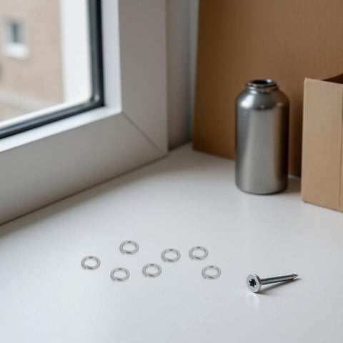Heavy Duty Stainless Steel Split Lock Washers M6 and 300 Piece Top Shelf Rock Solid Spring Washer Set on a workspace.