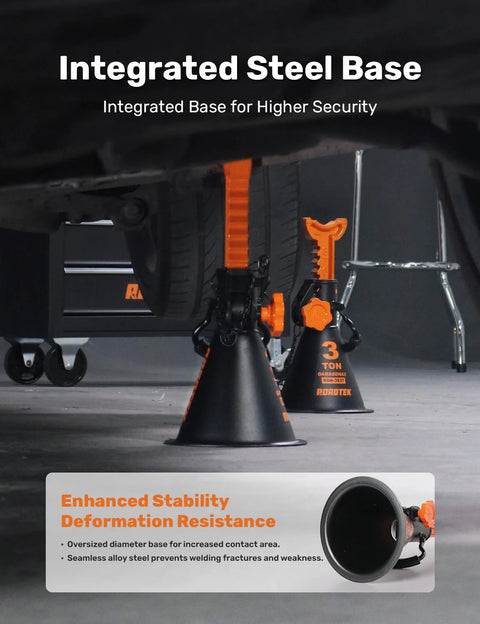 ROADTEK 3-Ton jack stands with integrated steel base, adjustable height 11-1/4 to 16-9/16 in, pair.