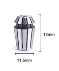 ER11 7 Piece Spring Collet Set For CNC Milling Lathe Engraving Tools 1.0mm To 7.0mm, showing collet dimensions of 18mm x 11.5mm