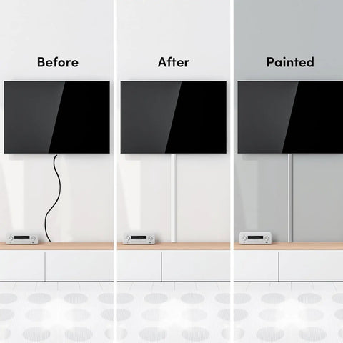 Before and after installation of Cord Hider 300 Inch Wall Cord Cover Kit for TVs and Cords, sleek cable management, white, x small.