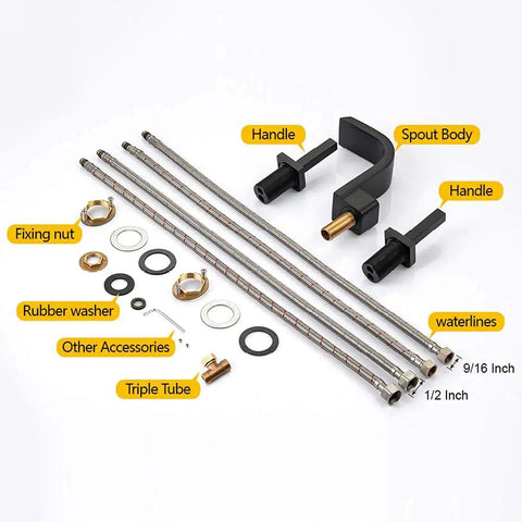 Components of 8 Inch Waterfall Bathroom Faucet For Sink, Widespread 3 Hole Lavatory Tap With High Arc Basin Mixer, Matte Black