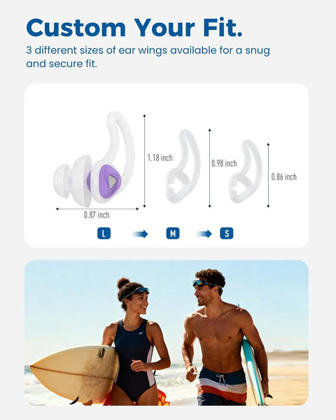 Custom fit swim ear plugs for adults in purple silicone, shown with ear wing sizes L, M, S. Swimmers on beach with surfboards.