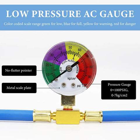 R134A Refrigerant Charging Hose Kit With Pressure Gauge And Half Inch Tap Dispensing Valve featuring low-pressure AC gauge