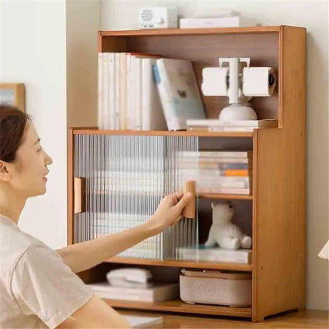 Multi Tier Desktop Bookshelf With Bamboo Build And Sliding Plastic Door Space Saver Display Rack For Home Office Cozy Sturdy Organizer For Books Decor And Study Supplies