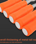 Close-up of five smooth ergonomic orange handles of the Real Deal Five Piece Wood Chisel Set With Heavy Duty Steel Hammer Ends.