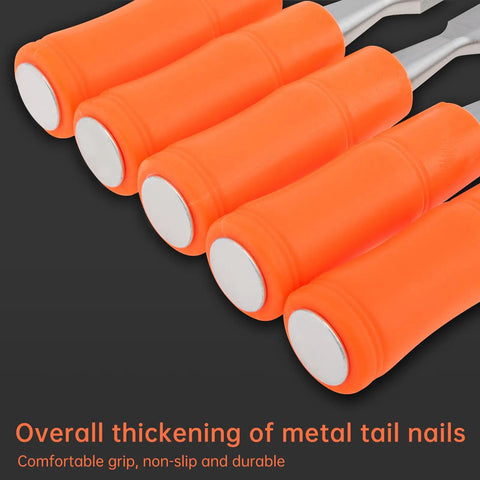 Close-up of five smooth ergonomic orange handles of the Real Deal Five Piece Wood Chisel Set With Heavy Duty Steel Hammer Ends.