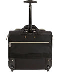 Back view of Under The Seat Carry-On Luggage With Push Button Trolley Handle And In Line Skate Wheels, black with gold accents