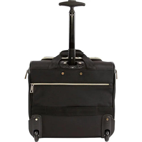 Back view of Under The Seat Carry-On Luggage With Push Button Trolley Handle And In Line Skate Wheels, black with gold accents
