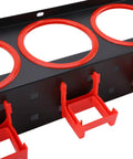 Rock Solid Iron Spray Bottle Storage Rack Featuring Five Heavy Duty Industrial Hooks, showing red hooks and circular bottle holders.