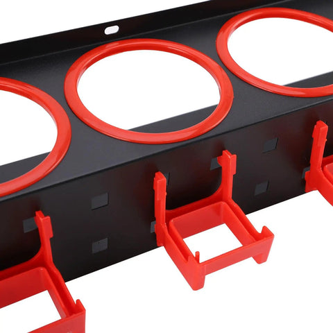 Rock Solid Iron Spray Bottle Storage Rack Featuring Five Heavy Duty Industrial Hooks, showing red hooks and circular bottle holders.