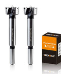 Real Deal Two Piece Three Quarter Inch Forstner Drill Bits Cut Smooth Flat Bottom Holes On Hard Or Soft Wood Without Ragged Edges Featuring A Rock Solid Three Eighth Inch Shank Made For Quick Heavy Duty Woodshop Work Any Maker Loves, shown with packaging.