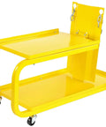 HEAVY DUTY YELLOW POWDER COATED STEEL WELDING CART WITH SMOOTH ROLLING CASTERS AND SLANTED WORK SURFACE BUILT TO CRUSH THE GRIND AND HAUL YOUR GEAR FAST, side view.