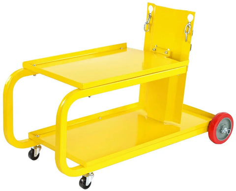 HEAVY DUTY YELLOW POWDER COATED STEEL WELDING CART WITH SMOOTH ROLLING CASTERS AND SLANTED WORK SURFACE BUILT TO CRUSH THE GRIND AND HAUL YOUR GEAR FAST, side view.