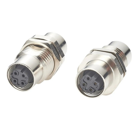 D Code M12 4 Pin Bulkhead Connector Beefy Shielded IP67 Female To Female Panel Mount Pack Of Two displayed on white background