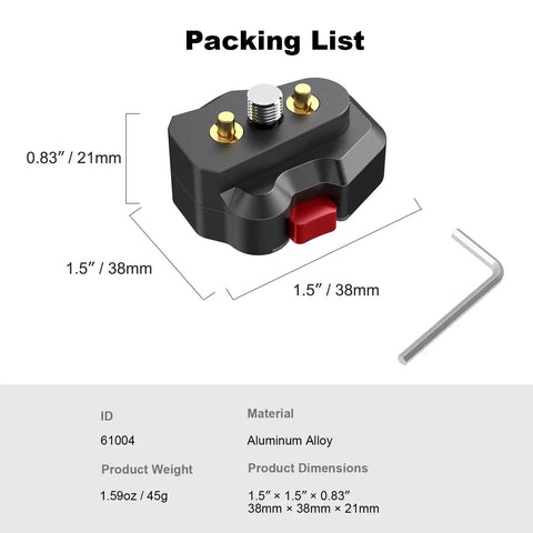 Compact Aluminum Quick Release Plate System with One Quarter Inch Screw for Camera Tripods Gimbals, shown with dimensions and hex key.