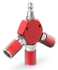 Red Aluminum 3 Way One Quarter Inch NPT Air Manifold With Hex Style Includes Three Steel Couplers And Plugs Quick Connect Fittings