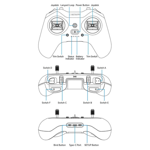 Diagram of LiteRadio 4 10 Channel Radio Transmitter with Built In 2000mAh 1S Lipo Bluetooth Connection FPV Simulator Ready.