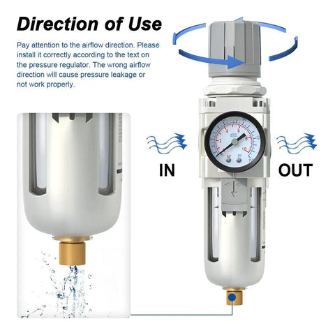 Diagram showing Three Eighths Inch NPT Air Filter Regulator Combo Piggyback With Five Micron Brass Element Semi Auto Drain, inlet and outlet directions emphasized.
