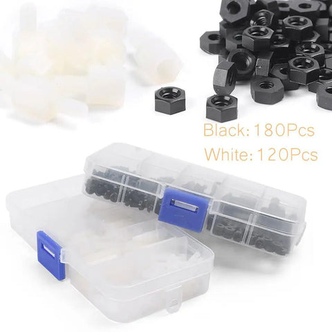 300Pcs M3 Nylon Hex Spacers, Standoffs, Screws, and Nuts Assortment Kit in Black and White, Varied Lengths for DIY Electronics Projects, Durable Nylon Construction and Anti Corrosion Hardware Set, black nylon nuts and storage box