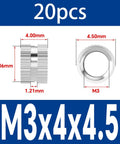 20pcs 304 Stainless M3 Knurled Threaded Insert Nuts for Plastic Injection Molding and Hot Melt Embedment, dimensions labeled.