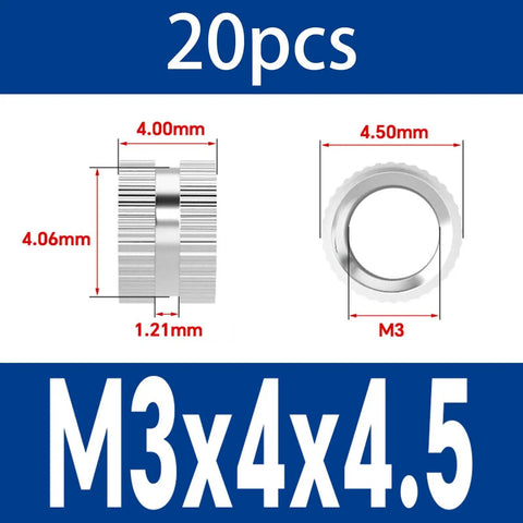 20pcs 304 Stainless M3 Knurled Threaded Insert Nuts for Plastic Injection Molding and Hot Melt Embedment, dimensions labeled.