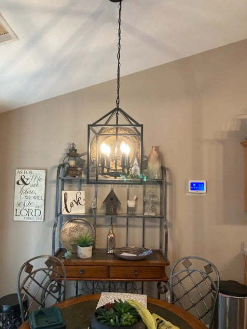 Farmhouse Black Pendant Light Lantern Chandelier For Kitchen Island Foyer Dining Room And Hallway Industrial Style Four Light Fixture With E12 Sockets Measures 17 By Eleven Point Eight Inches No Glass To Clean And Easy Ceiling Mount in dining area