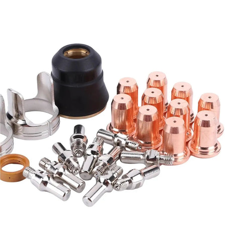 Top Tier 24 Pcs Plasma Cutter Consumables Set For Yeswelder Cut 55ds Pro And 65ds Torch Parts with copper electrodes and nozzles.