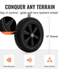 Heavy Duty Hose Reel Cart Holds Up To 300 Feet Of Five Eighth Inch Hose With Four Wheels Makes Moving A Breeze Garden Water Cart With Powder Coated Steel Frame And Handy Storage Basket For Yard And Lawn showcasing a 10-inch solid PU wheel for stability.