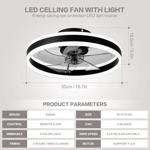 Diagram showing 20 Inch Bladeless Ceiling Fan With Lights Remote Control Low Profile Flush Mount Led Light Kit 6 Speeds 3 Light Colors Integrated Led